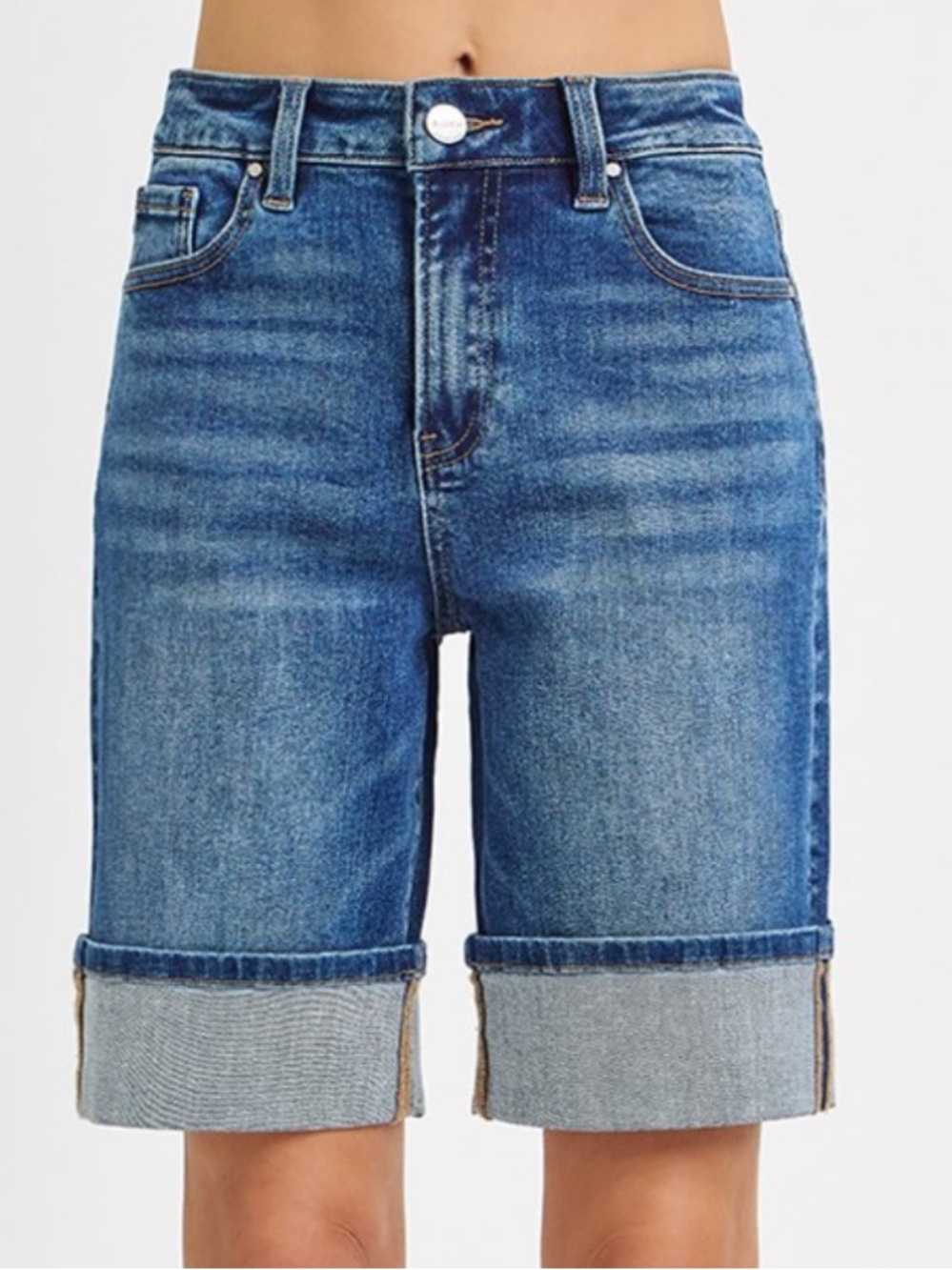 Rolled-Cuff Mid-Rise Denim Bermuda Shorts - Blue